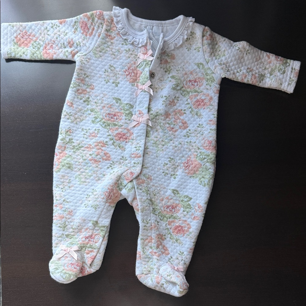Laurel Ashely - Ruffled Collar -  Quilted - Floral Kids One Piece with Pink Bows